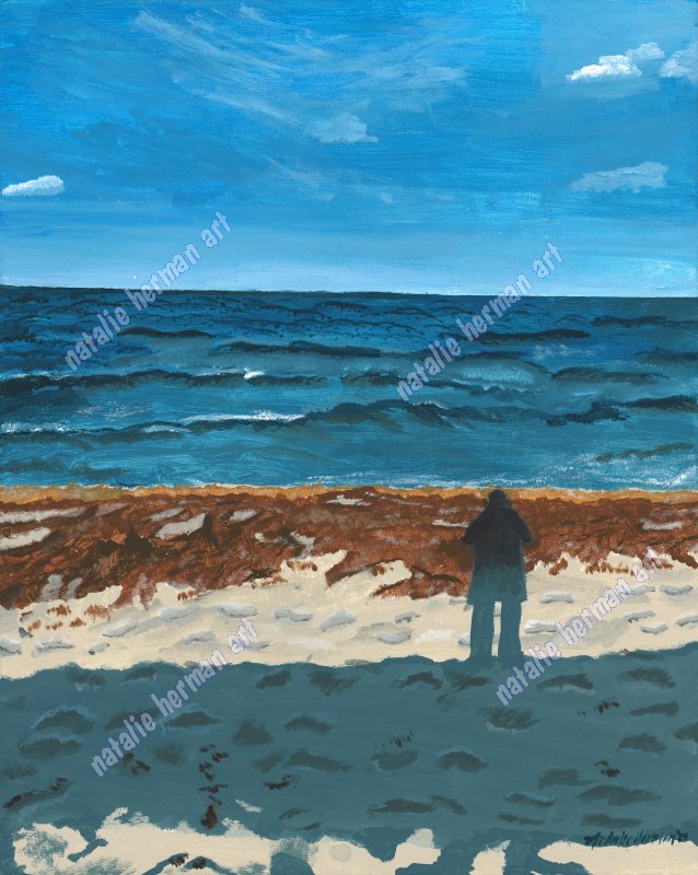 Self Portrait by the Sea (sky, ocean, seaweed, sand, shadow of person) Fort Lauderdale Florida beach