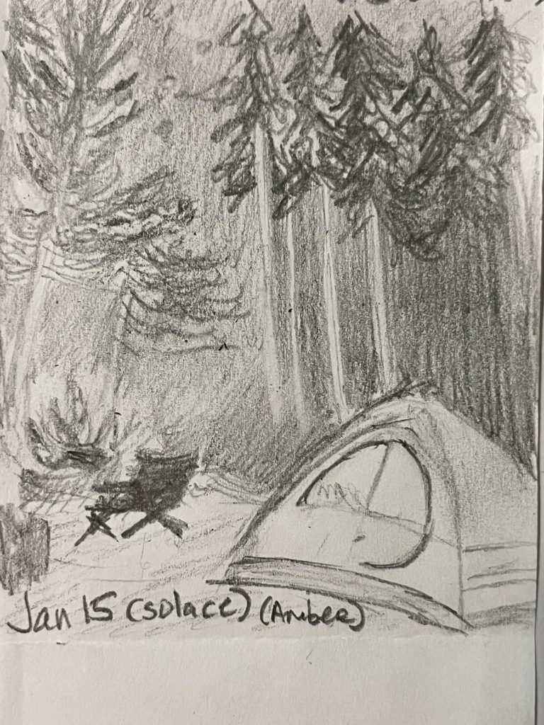 graphite pencil drawing of a tent in foreground with tall trees in darkened background. on the left there is a chair and a campfire
Words Jan 15 (solace) (Amber)