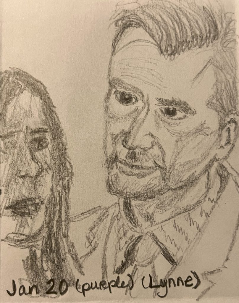 graphite pencil drawing of a man in a shirt and tie with a jacket giving an intimidating look to a woman (a scene from Marvel's Jessica Jones, Kilgrave looking at Jessica)


Words Jan 20 (purple) (Lynne)