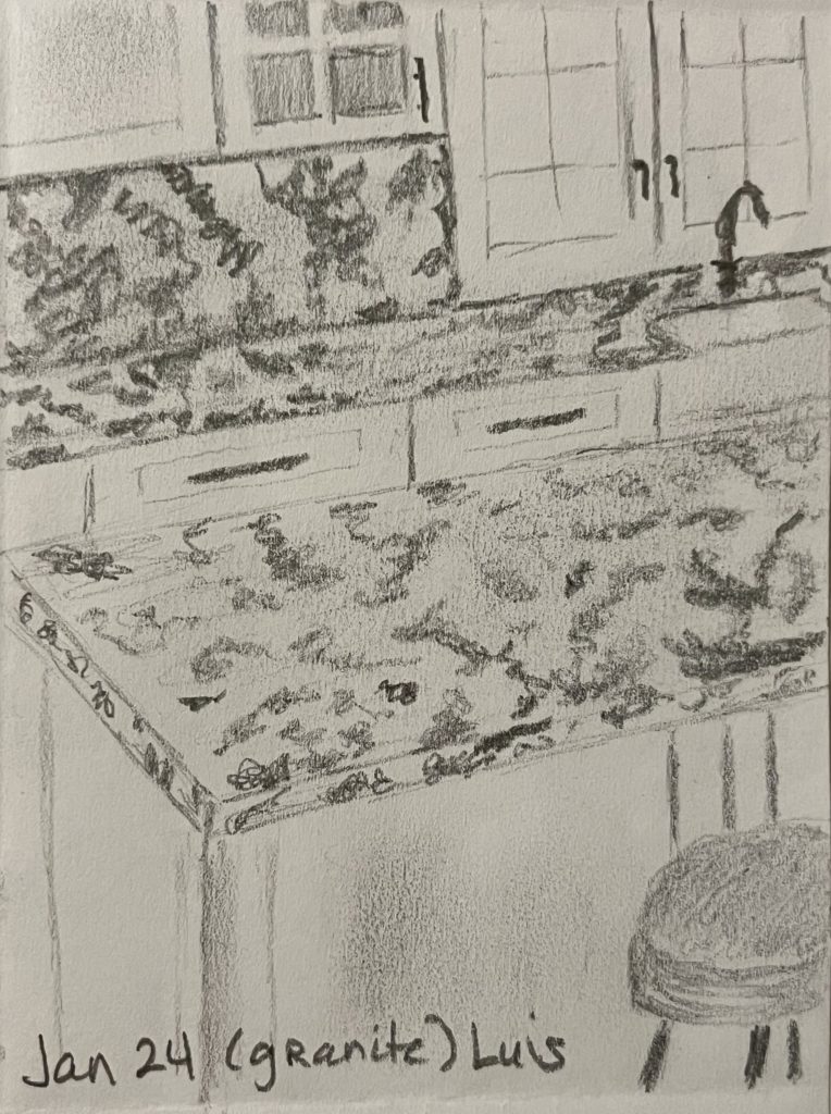 graphite pencil drawing of a kitchen with the island in the foreground and the counter and cabinets, window, and sink in the background. Countertop and backsplash are granite
Words Jan 24 (granite) (Luis)