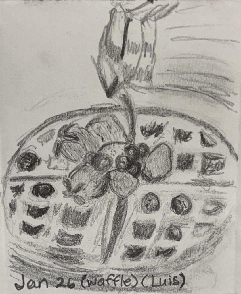 graphite pencil drawing of a decanter pouring syrup over a whole belgian waffle topped with strawberries and blueberries
Words Jan 26 (waffle) (Luis)