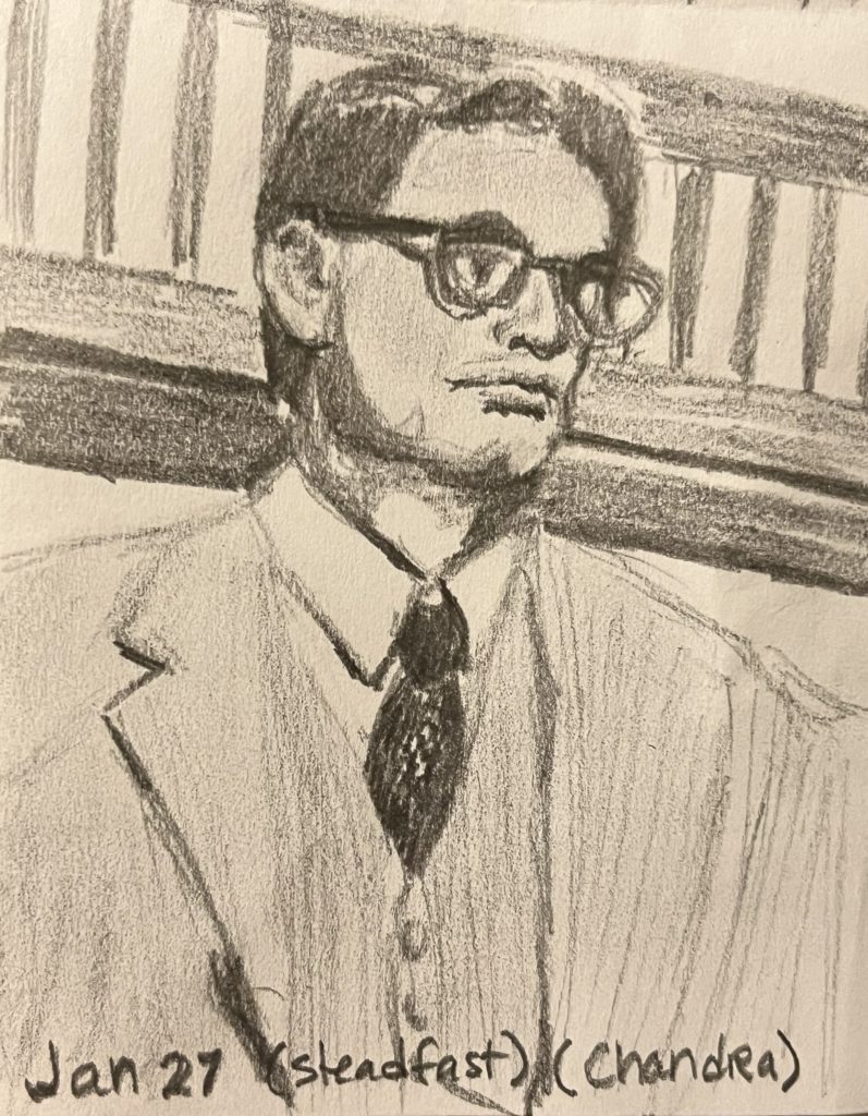 graphite pencil drawing of a man with glasses and dark neatly-combed hair. He's wearing a three-piece suit with a tie. He's standing in front of a balcony (Gregory Peck as Atticus Finch in To Kill a Mockingbird courtroom scene)
Words Jan 27 (steadfast) (Chandra)