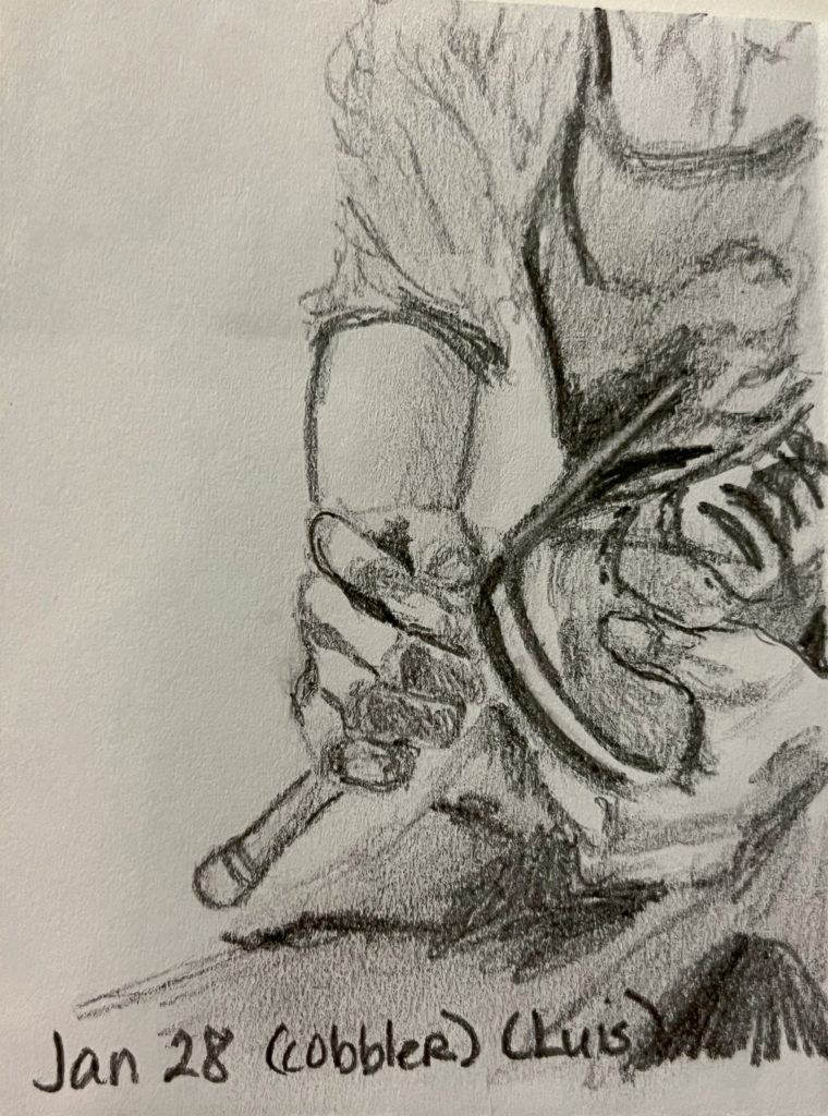 graphite pencil drawing of a pair of hands holding a shoe and a tool.  The person is wearing an apron but the head is out of frame
Words Jan 28 (cobbler) (Luis)