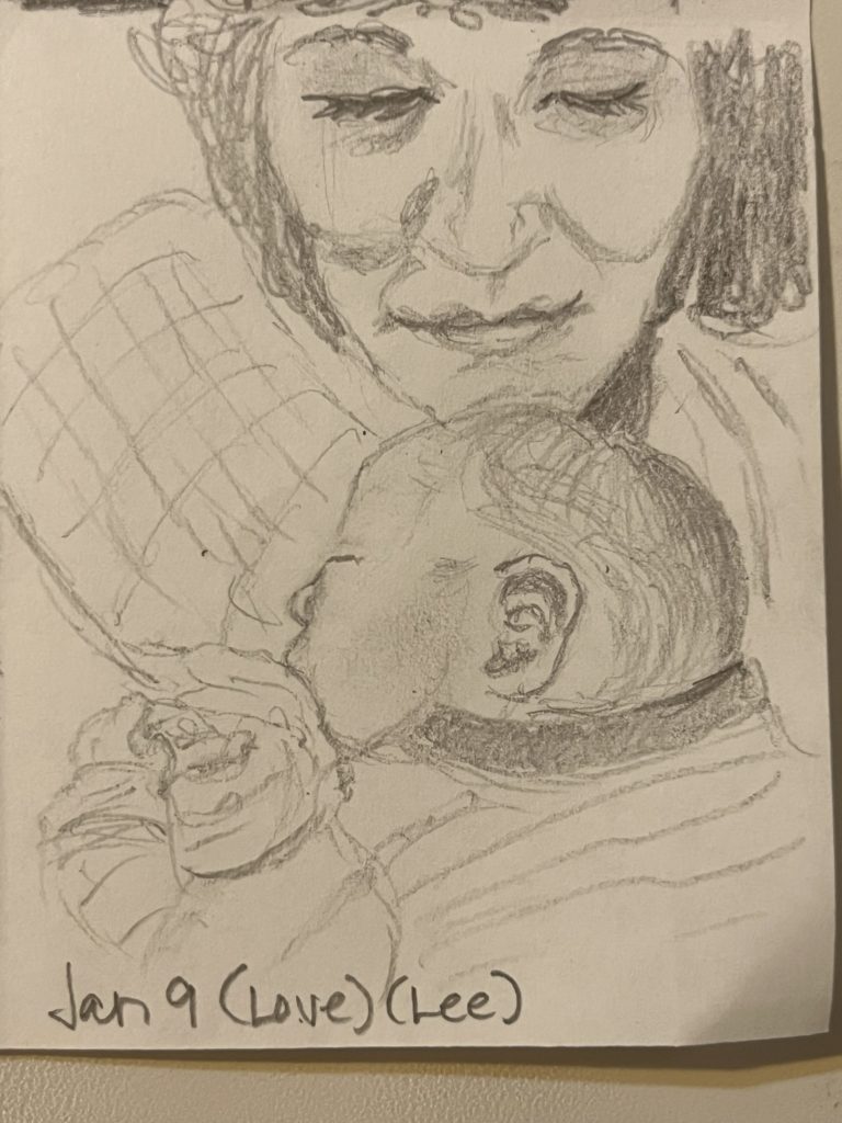 graphite pencil drawing of a woman with eyes closed holding a sleeping baby boy on her chest resting on a burp cloth, wearing a striped onesie words Jan 9 (Love)(Lee)